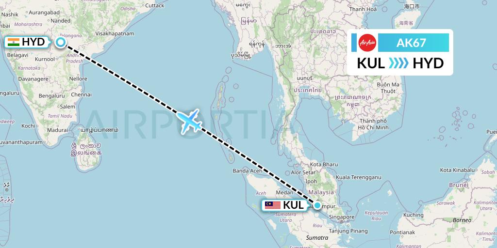 AK67 AirAsia Flight Map: Kuala Lumpur to Hyderabad