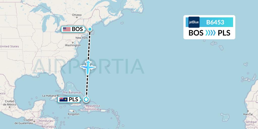 B6453 JetBlue Airways Flight Map: Boston to Providenciales
