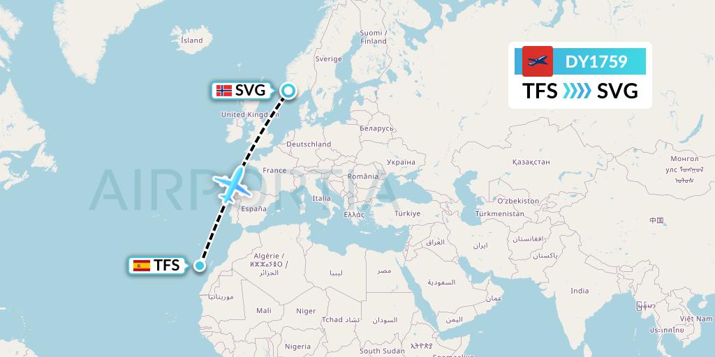 DY1759 Norwegian Flight Map: Tenerife to Stavanger