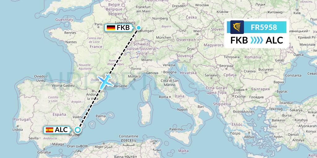 FR5958 Ryanair Flight Map: Karlsruhe/Baden-Baden to Alicante