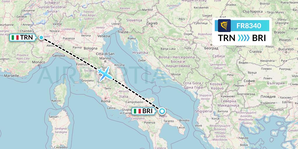 FR8340 Ryanair Flight Map: Turin to Bari