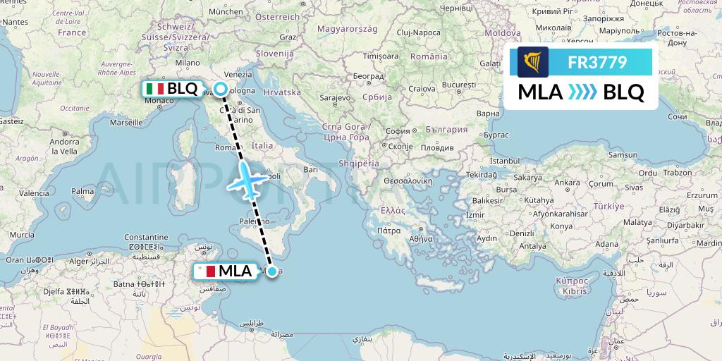 FR3779 Ryanair Flight Map: Malta to Bologna