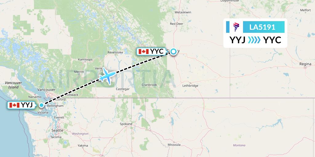 LA5191 LAN Airlines Flight Map: Victoria to Calgary