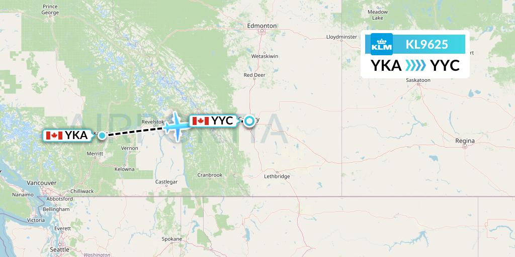 KL9625 KLM Flight Map: Kamloops to Calgary