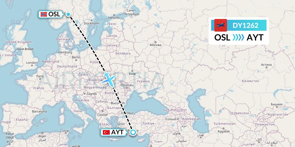 DY1262 Norwegian Flight Map: Oslo to Antalya
