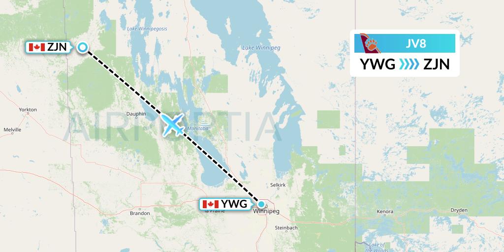 JV8 Bearskin Airlines Flight Map: Winnipeg to Swan River