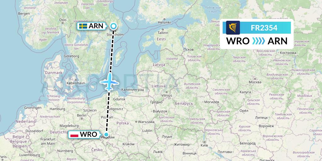 FR2354 Ryanair Flight Map: Wroclaw to Stockholm