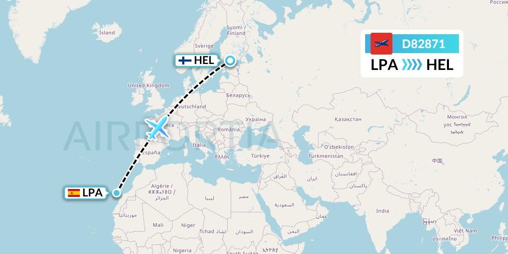 D82871 Norwegian Air International Flight Map: Las Palmas to Helsinki
