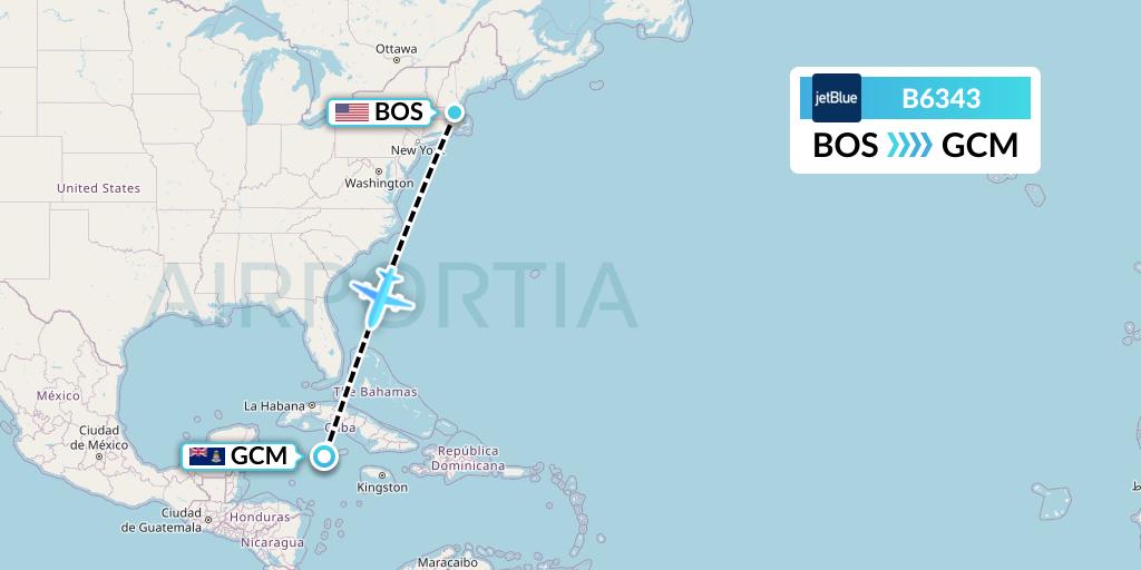 B6343 JetBlue Airways Flight Map: Boston to George Town