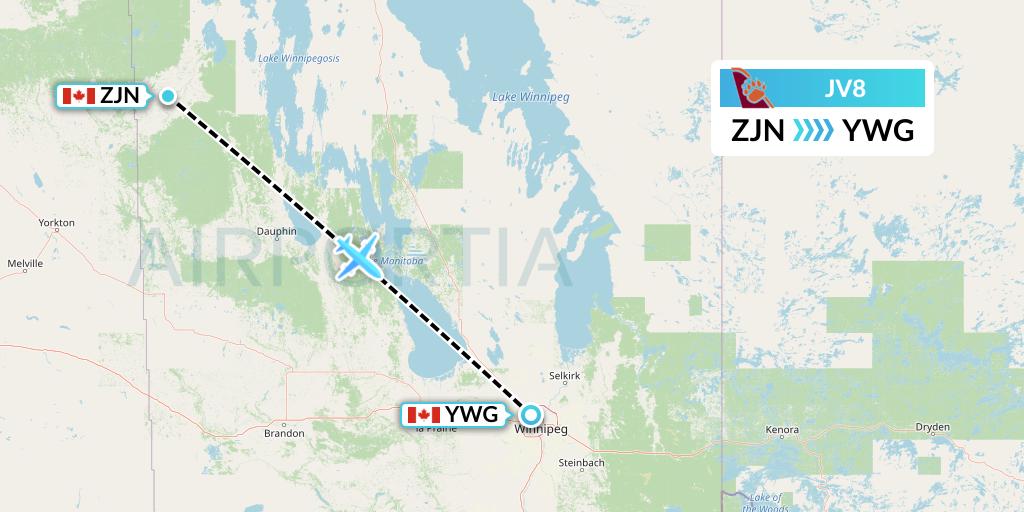 JV8 Bearskin Airlines Flight Map: Swan River to Winnipeg