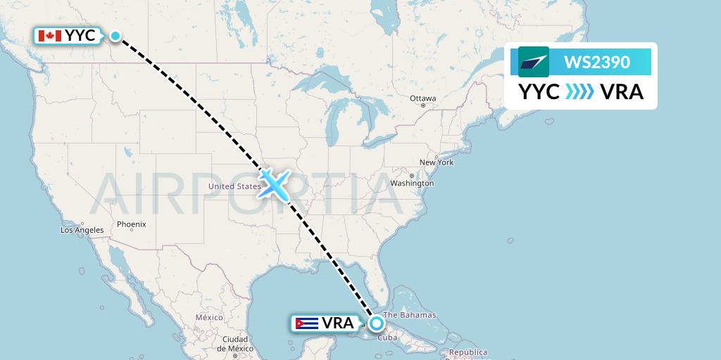WS2390 WestJet Flight Map: Calgary to Varadero