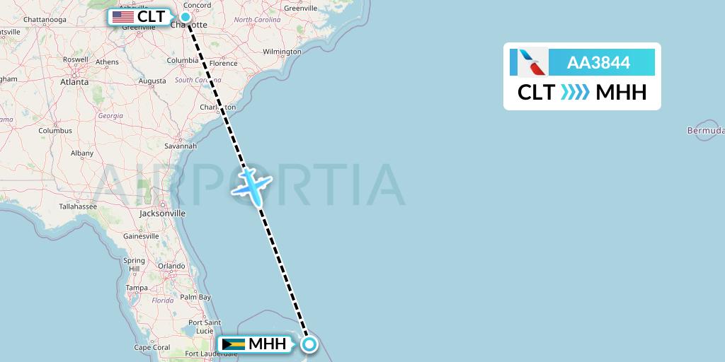 AA3844 American Airlines Flight Map: Charlotte to Marsh Harbour