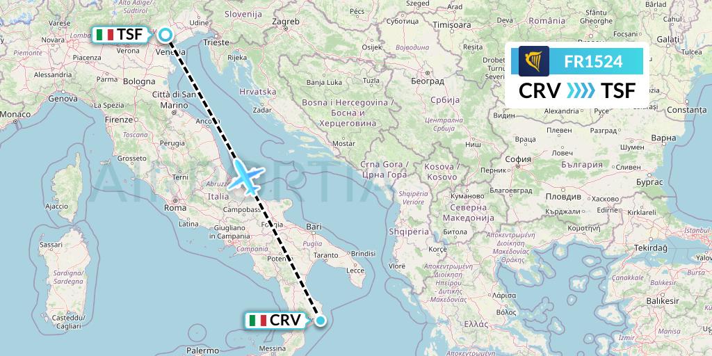 FR1524 Ryanair Flight Map: Crotone to Treviso