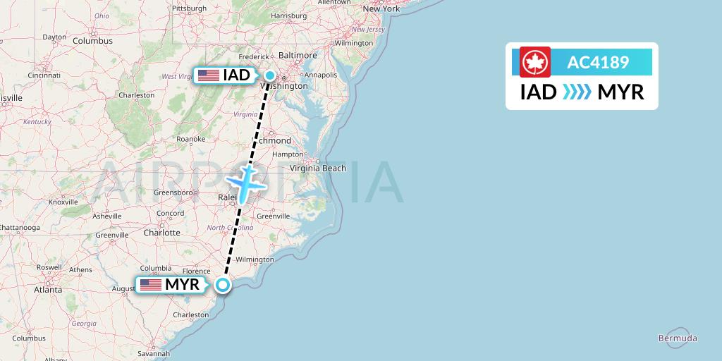 AC4189 Air Canada Flight Map: Washington to Myrtle Beach