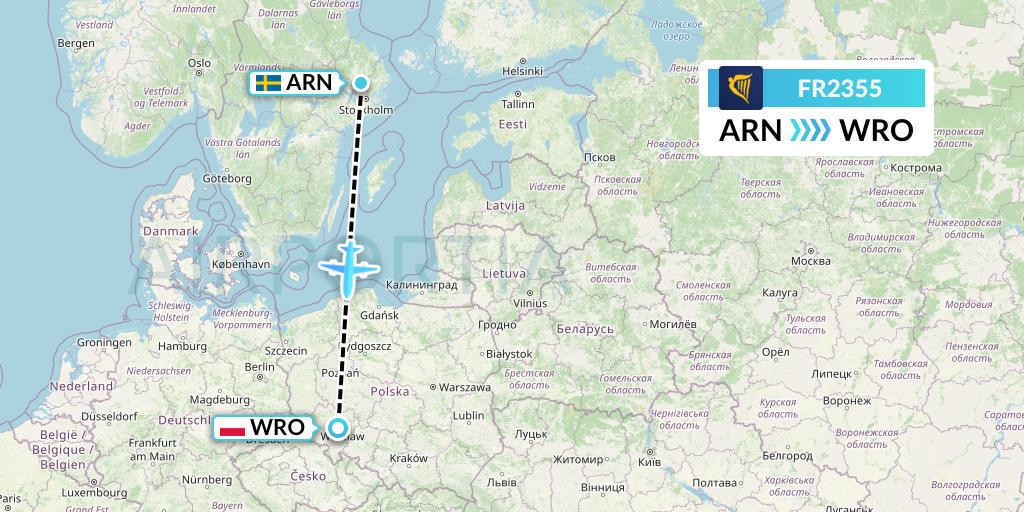 FR2355 Ryanair Flight Map: Stockholm to Wroclaw