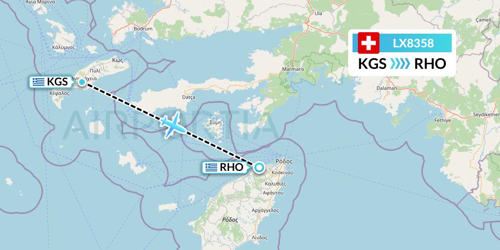 LX8358 Swiss Flight Map: Kos to Rhodes