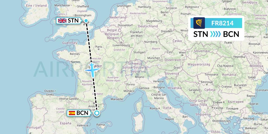FR8214 Ryanair Flight Map: London to Barcelona