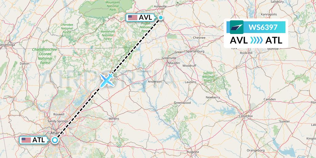 WS6397 WestJet Flight Map: Asheville to Atlanta