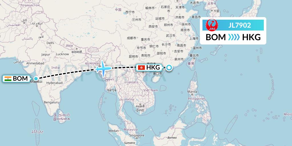 JL7902 Japan Airlines Flight Map: Mumbai to Hong Kong