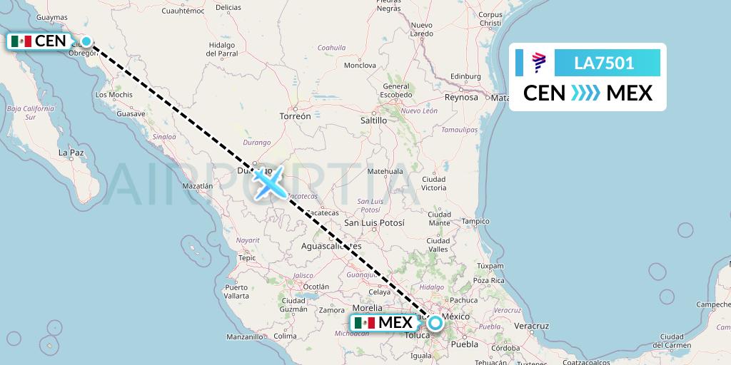 LA7501 LAN Airlines Flight Map: Ciudad Obregon to Mexico City