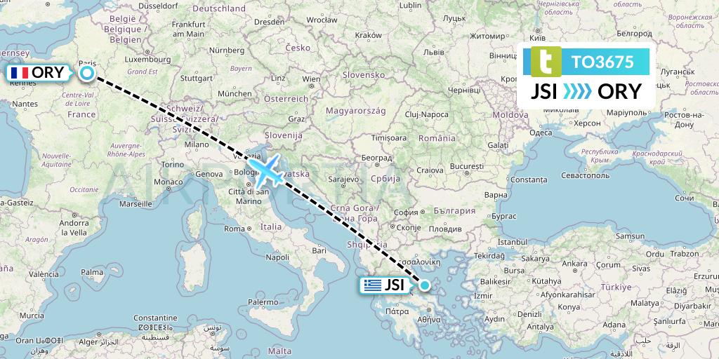 TO3675 Transavia France Flight Map: Skiathos to Paris