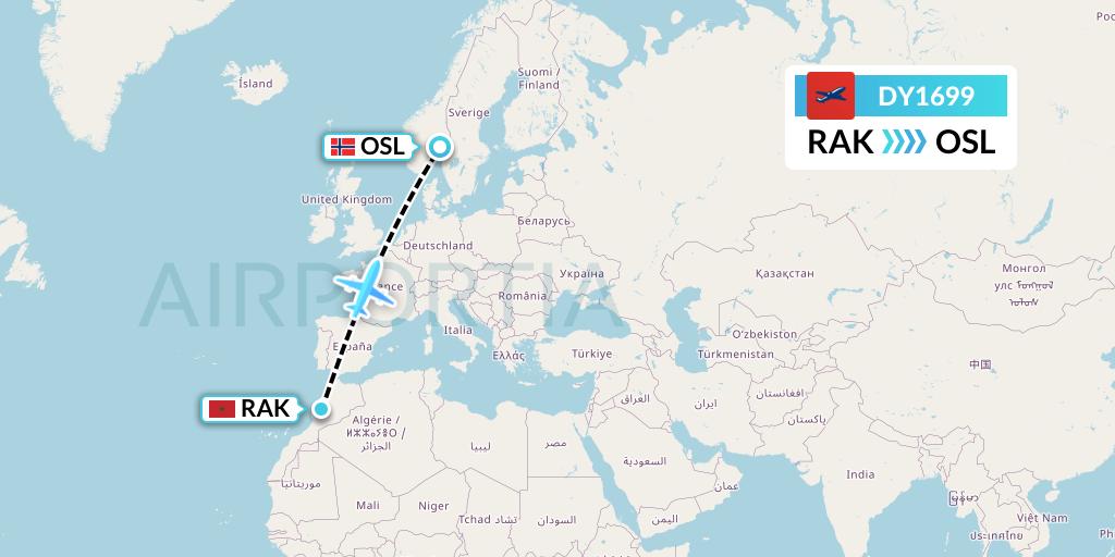 DY1699 Norwegian Flight Map: Marrakesh to Oslo