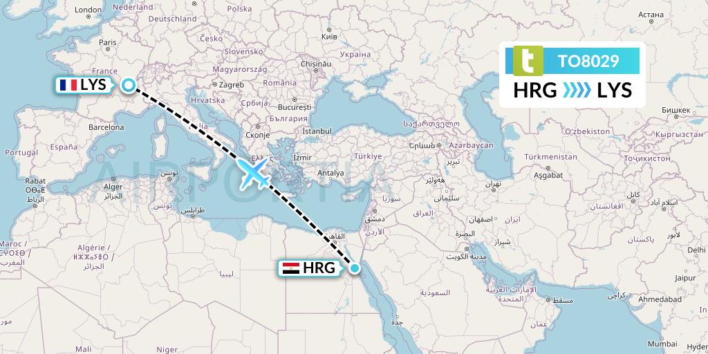 TO8029 Transavia France Flight Map: Hurghada to Lyon
