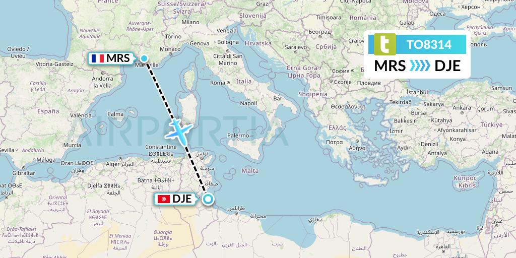 TO8314 Transavia France Flight Map: Marseille to Djerba