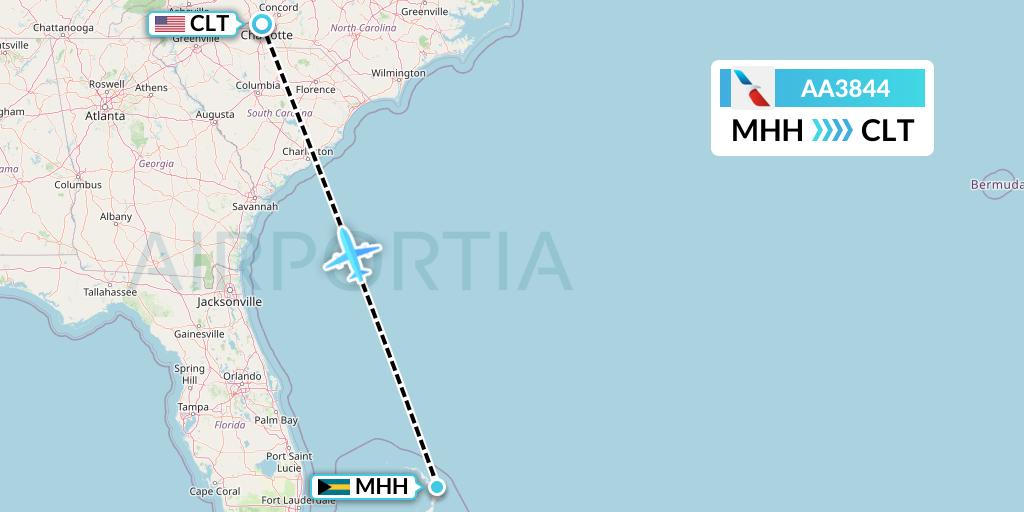 AA3844 American Airlines Flight Map: Marsh Harbour to Charlotte