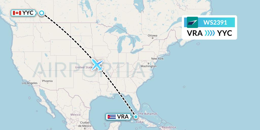 WS2391 WestJet Flight Map: Varadero to Calgary