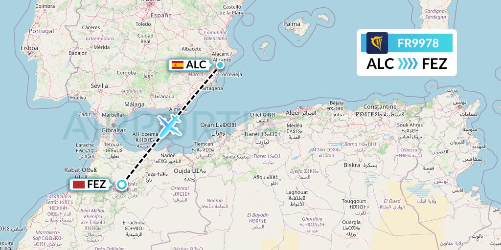 FR9978 Ryanair Flight Map: Alicante to Fes