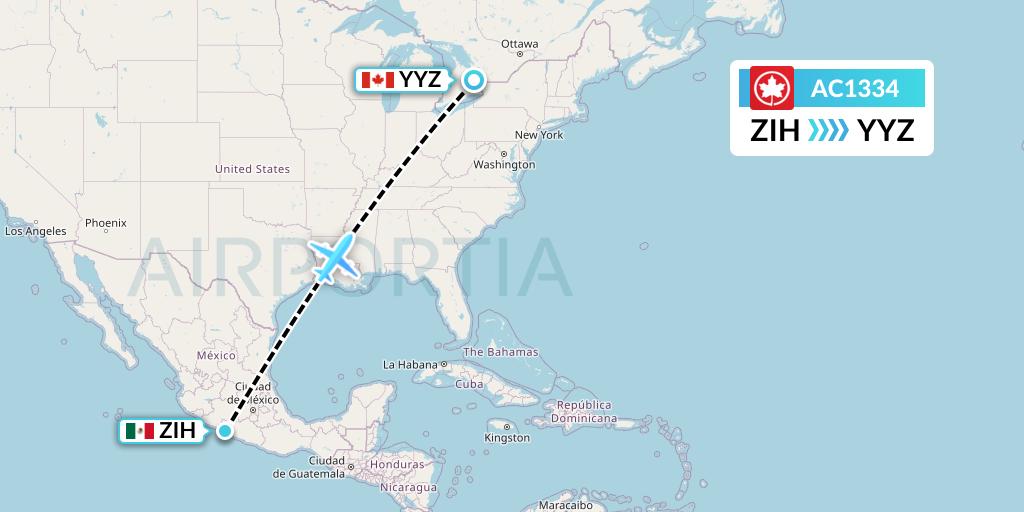 AC1334 Air Canada Flight Map: Zihuatanejo to Toronto