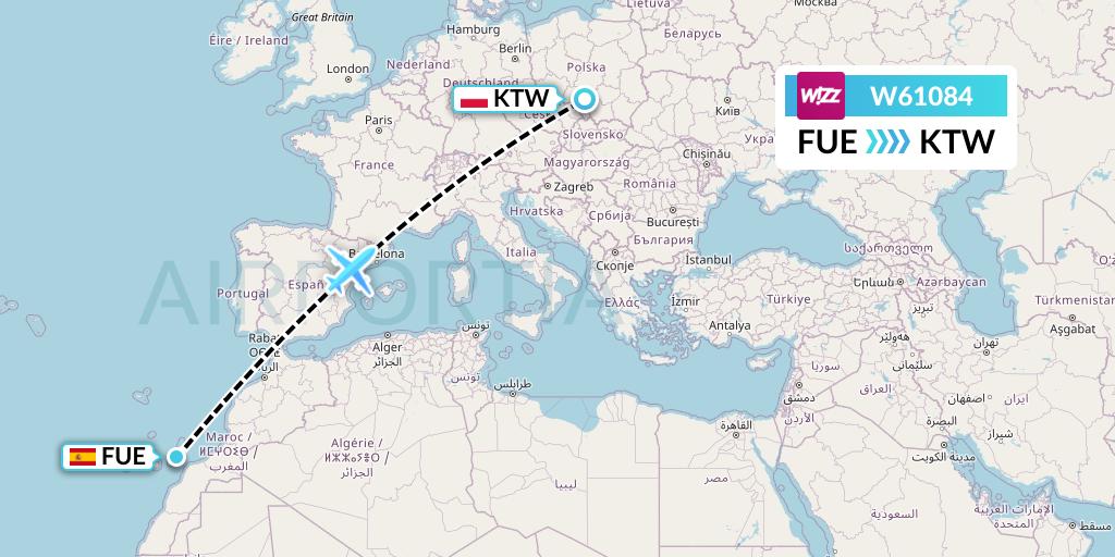 W61084 Wizz Air Flight Map: Fuerteventura to Katowice