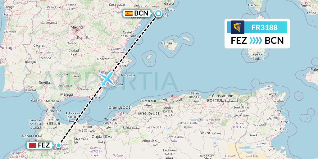FR3188 Ryanair Flight Map: Fes to Barcelona