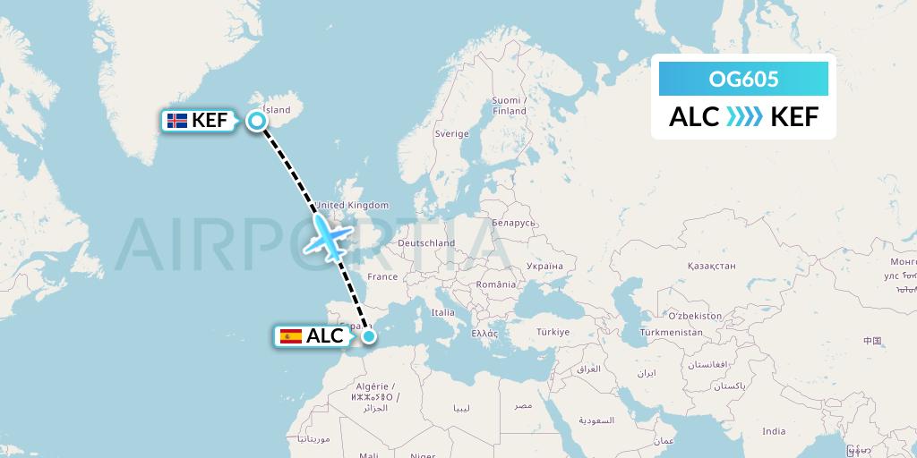 OG605 Fly Play Flight Map: Alicante to Reykjavik