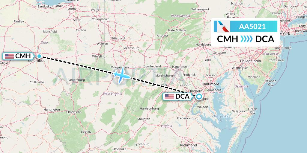 AA5021 American Airlines Flight Map: Columbus to Washington