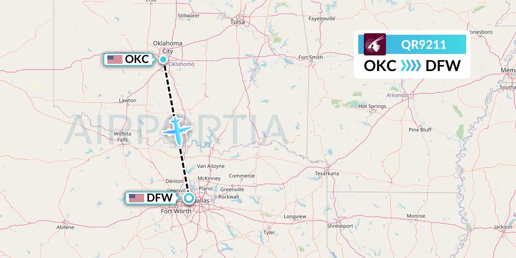 QR9211 Qatar Airways Flight Map: Oklahoma City to Dallas