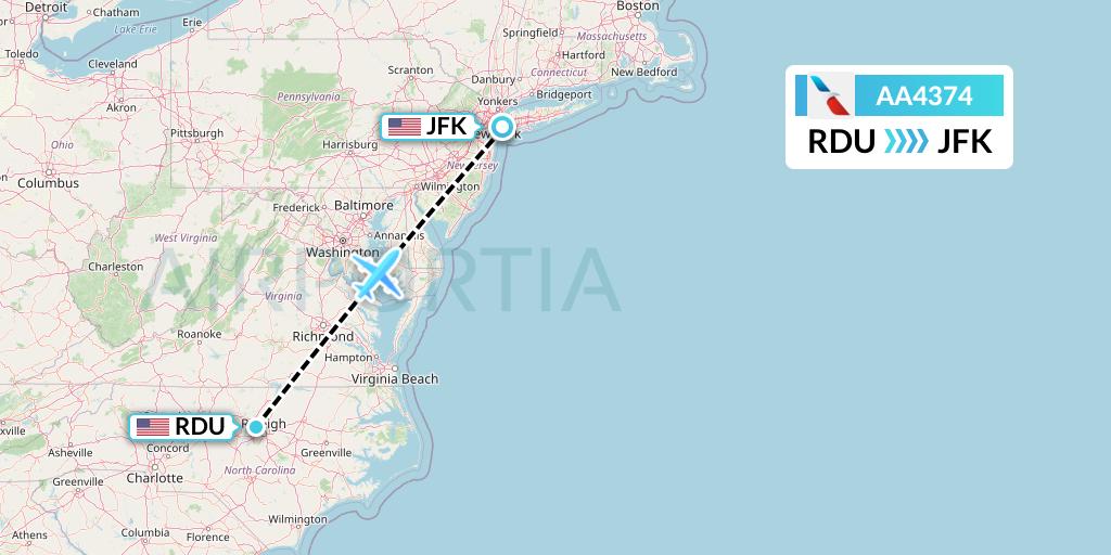 AA4374 American Airlines Flight Map: Raleigh-Durham to New York