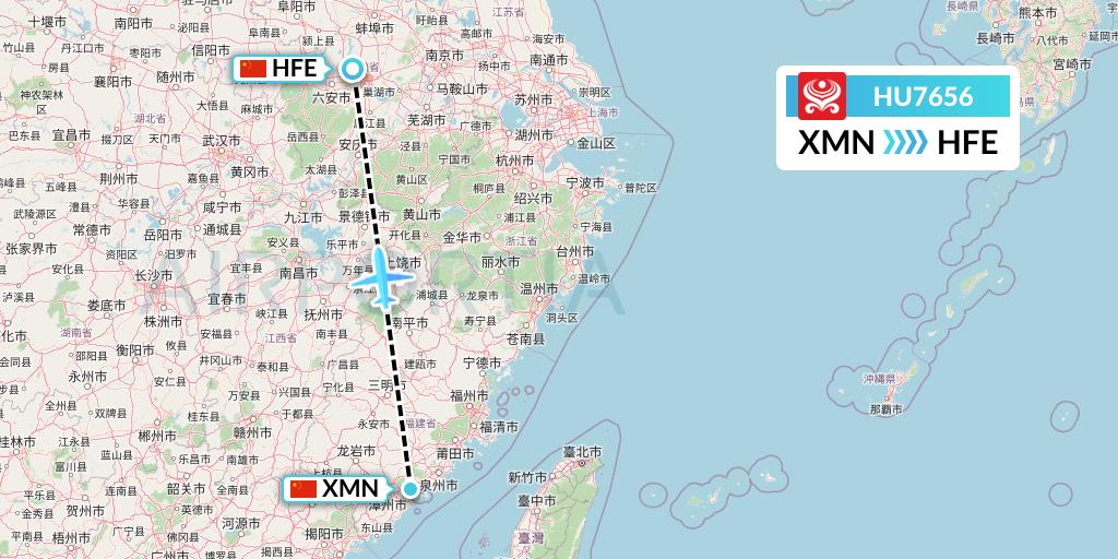 HU7656 Hainan Airlines Flight Map: Xiamen to Hefei