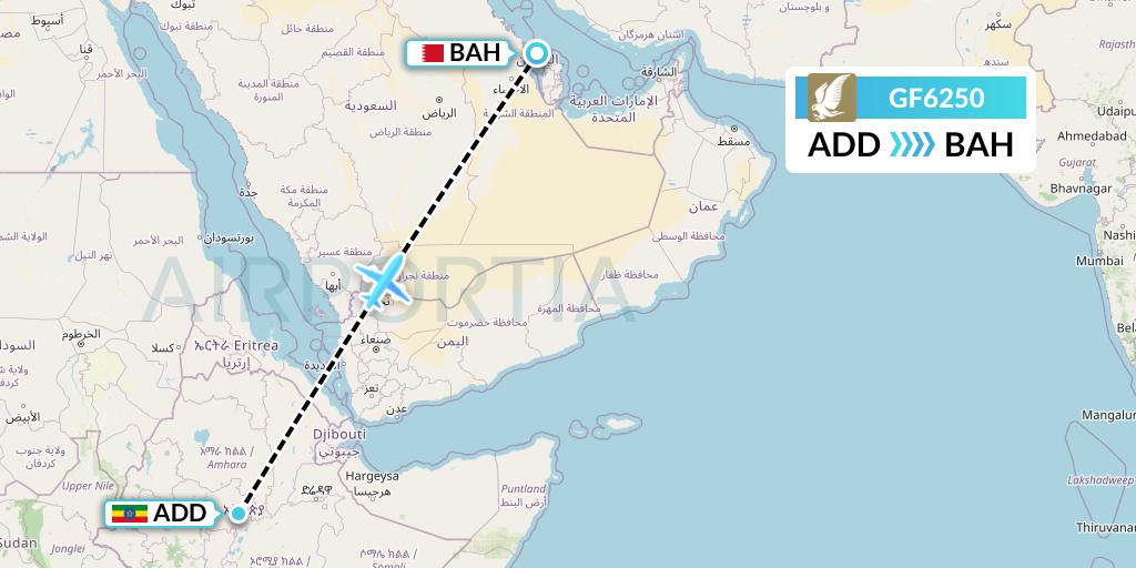 GF6250 Gulf Air Flight Map: Addis Ababa to Bahrain