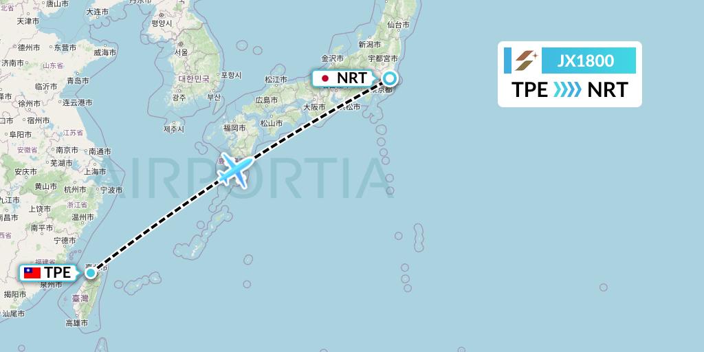 JX1800 Starlux Airlines Flight Map: Taipei to Tokyo