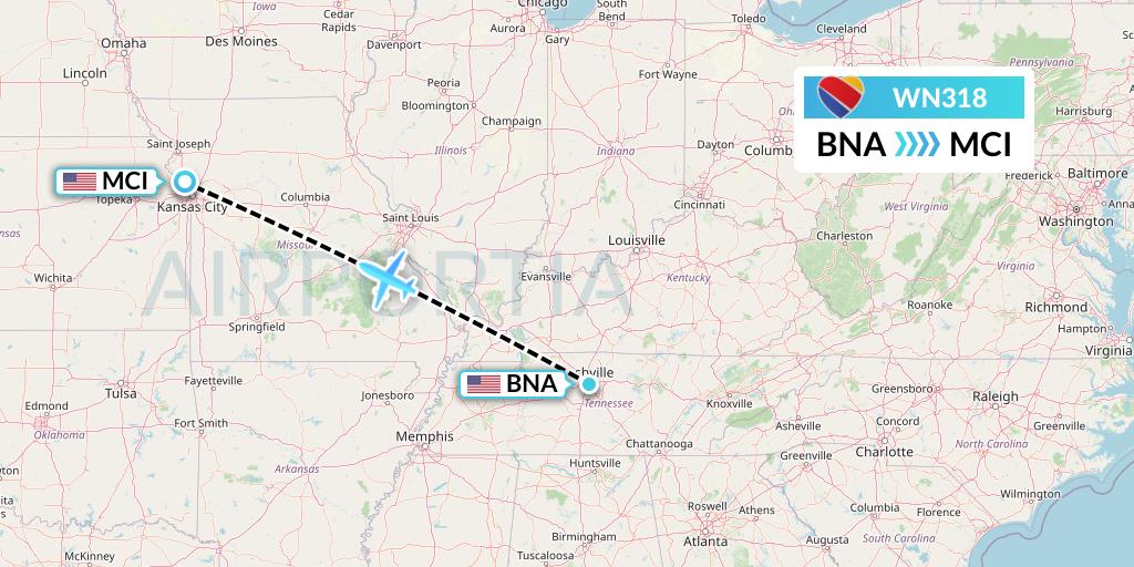 WN318 Southwest Airlines Flight Map: Nashville to Kansas City