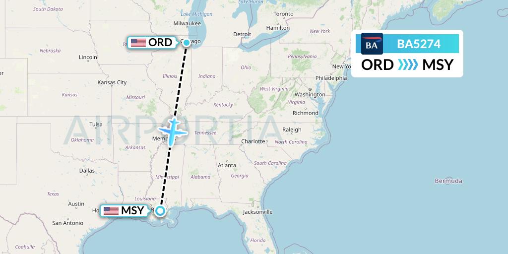 BA5274 British Airways Flight Map: Chicago to New Orleans