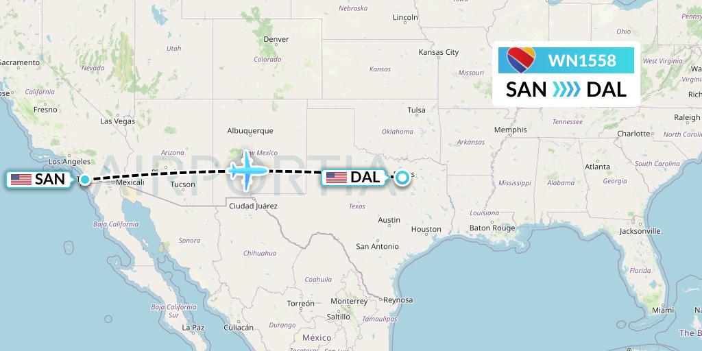 WN1558 Southwest Airlines Flight Map: San Diego to Dallas