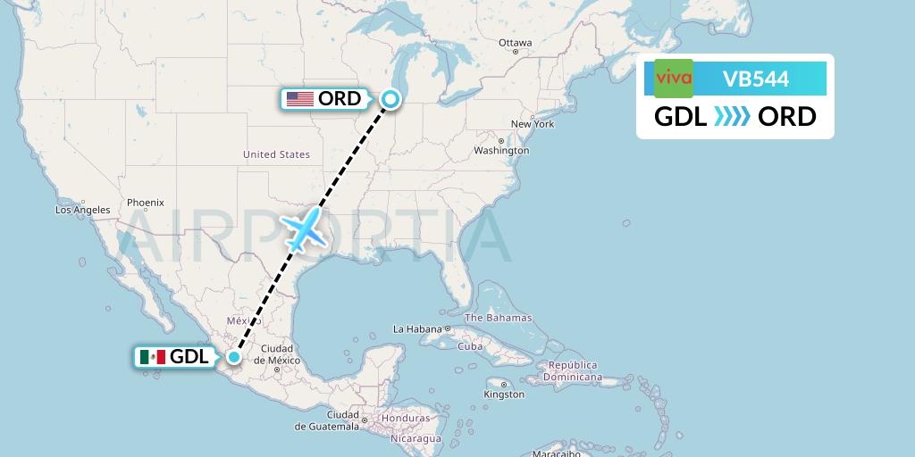 VB544 VivaAerobus Flight Map: Guadalajara to Chicago
