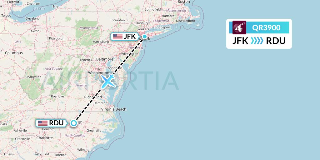 QR3900 Qatar Airways Flight Map: New York to Raleigh-Durham