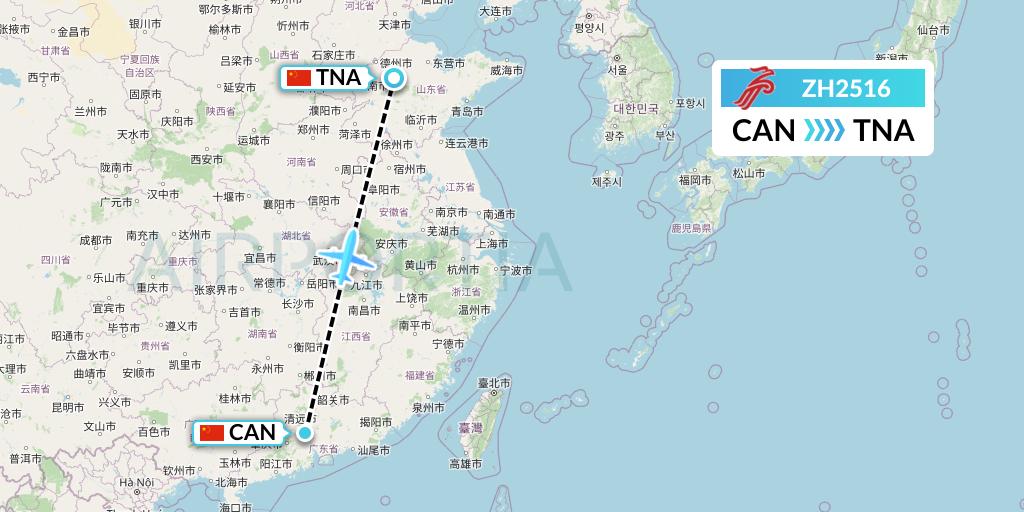 ZH2516 Shenzhen Airlines Flight Map: Guangzhou to Jinan