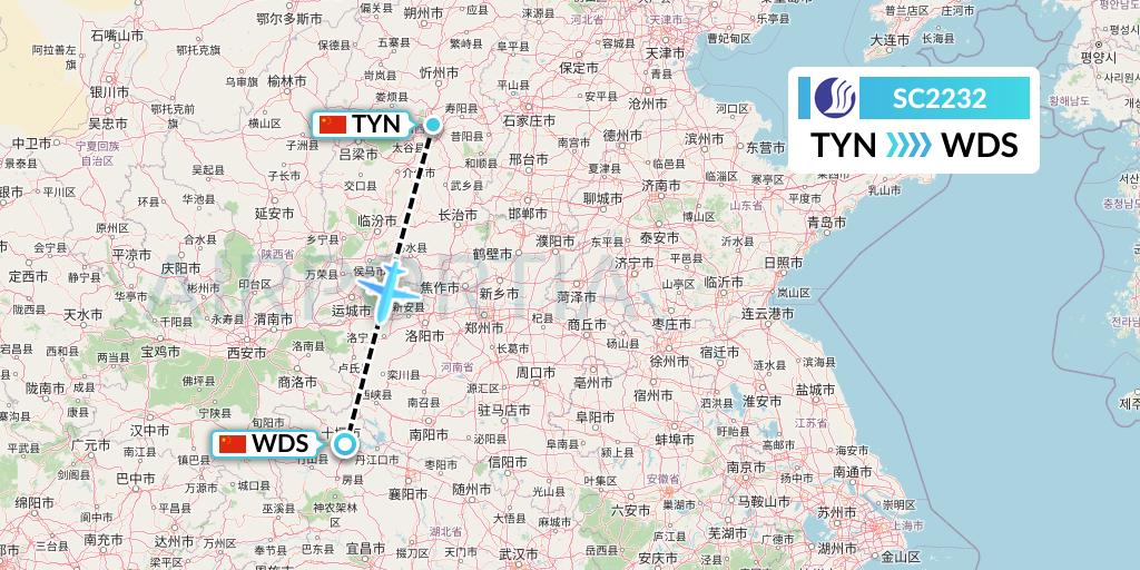 SC2232 Shandong Airlines Flight Map: Taiyuan to Shiyan