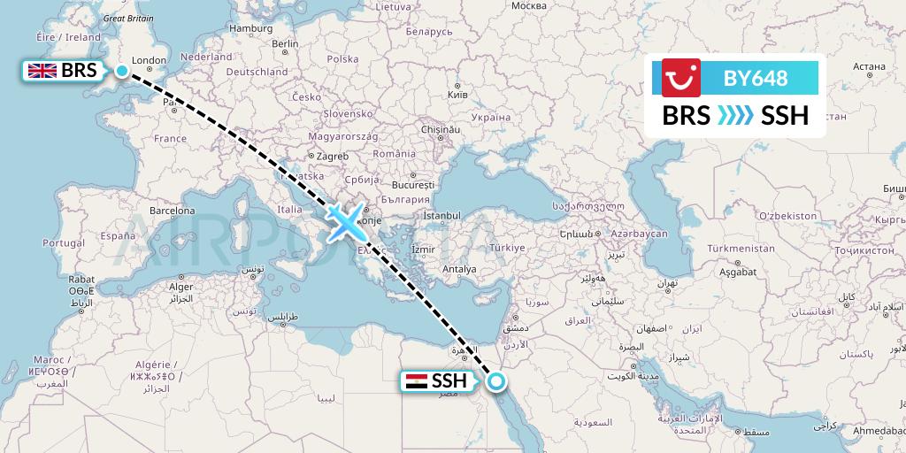 BY648 TUI Airways Flight Map: Bristol to Sharm el-Sheikh