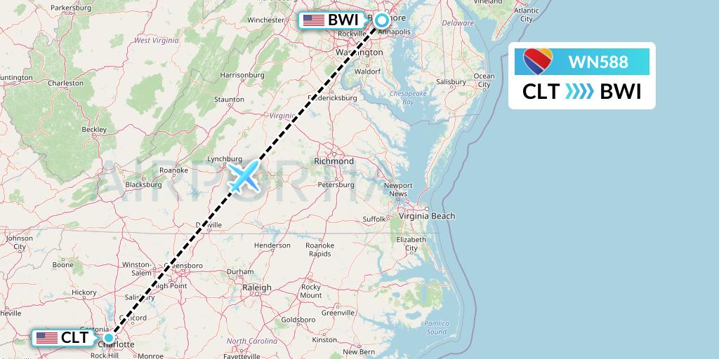 WN588 Southwest Airlines Flight Map: Charlotte to Baltimore